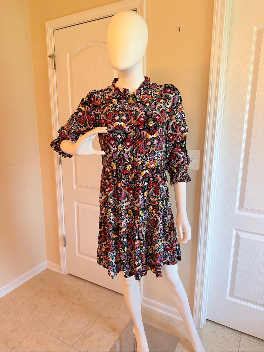 LOFT Bohemian Style Multicolor Paisley Black Mini Dress Size S